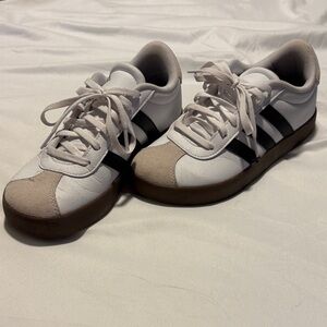 Adidas White and Black Sneakers with Tan Accents